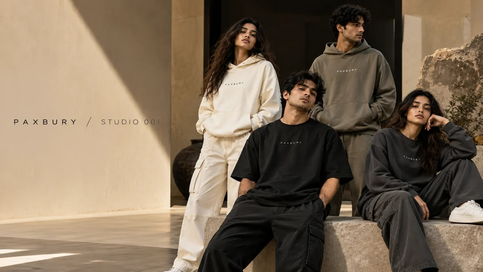 PAXBURY STUDIO 001 conceptual campaign with multiple models wearing contemporary oversized streetwear