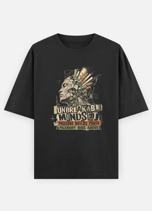 Exact original front artwork — Unbreakable Mindset classical illustrated profile and distressed typography on black oversized T-shirt