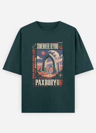 Exact original print reference — Somewhere Beyond Petrol Blue UC22 T-shirt, retro-futurist arch illustration, SOMEWHERE BEYOND and PAXBURY artwork
