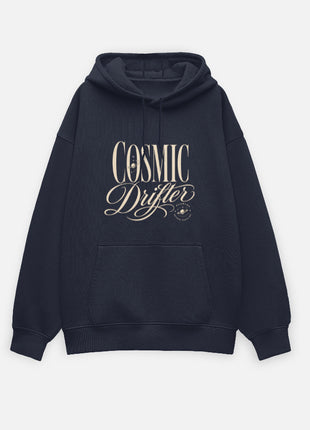 Exact original Cosmic Drifter navy UH32 hoodie front artwork — cream COSMIC Drifter vintage serif and script typography