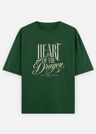 Exact production artwork reference — Heart of the Dragon cream typographic front print on bottle-green UC22 oversized T-shirt