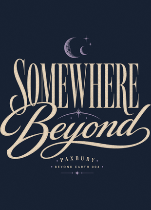 Male gallery exact original PAXBURY Somewhere Beyond navy print close-up, cream typography, lavender moons and BEYOND EARTH 004 subline