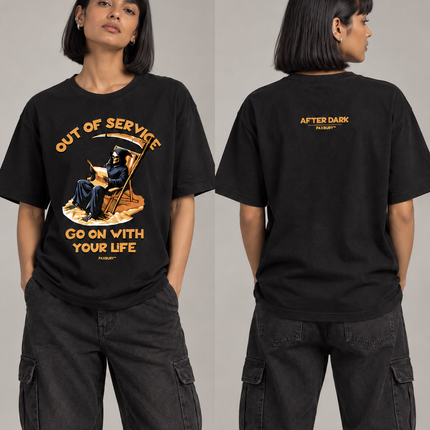 PAXBURY Out of Service oversized black graphic T-shirt on Indian female model, front and back