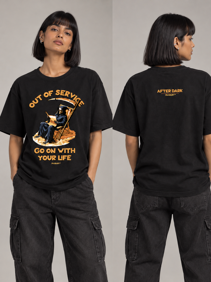 PAXBURY Out of Service oversized black graphic T-shirt on Indian female model, front and back