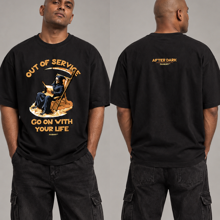 PAXBURY Out of Service oversized black graphic T-shirt on Indian male model, front and back