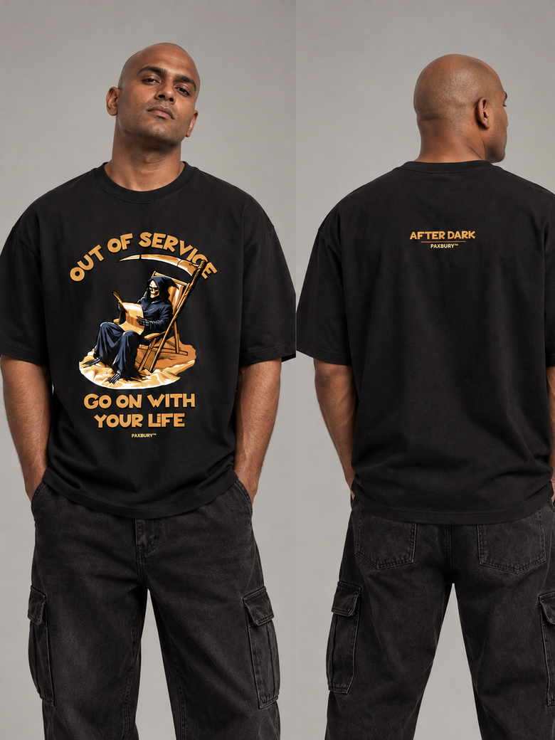 PAXBURY AFTER DARK black oversized T-shirt worn by a model