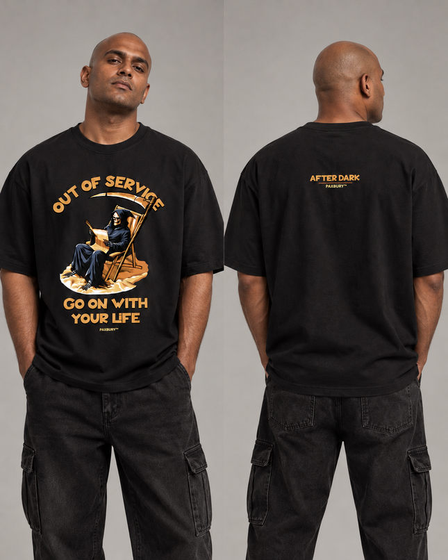 PAXBURY Out of Service oversized black graphic T-shirt on Indian male model, front and back