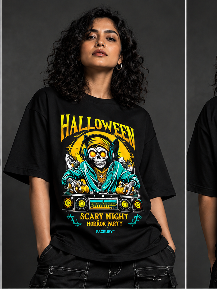 PAXBURY Halloween DJ oversized black graphic T-shirt on Indian female model, front and back views