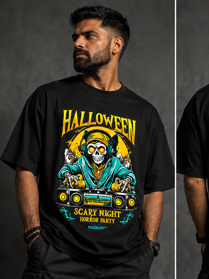 PAXBURY Halloween DJ oversized black graphic T-shirt on Indian male model, front and back views