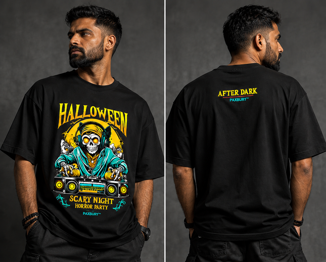 PAXBURY Halloween DJ oversized black graphic T-shirt on Indian male model, front and back views