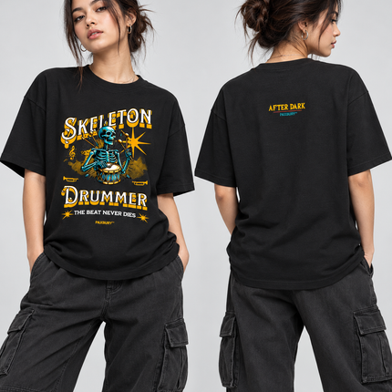 PAXBURY Skeleton Drummer black graphic T-shirt modeled by woman, front and back views