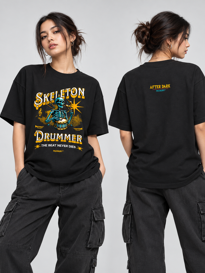 PAXBURY Skeleton Drummer black graphic T-shirt modeled by woman, front and back views