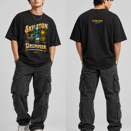 PAXBURY Skeleton Drummer black graphic T-shirt modeled by man, front and back views
