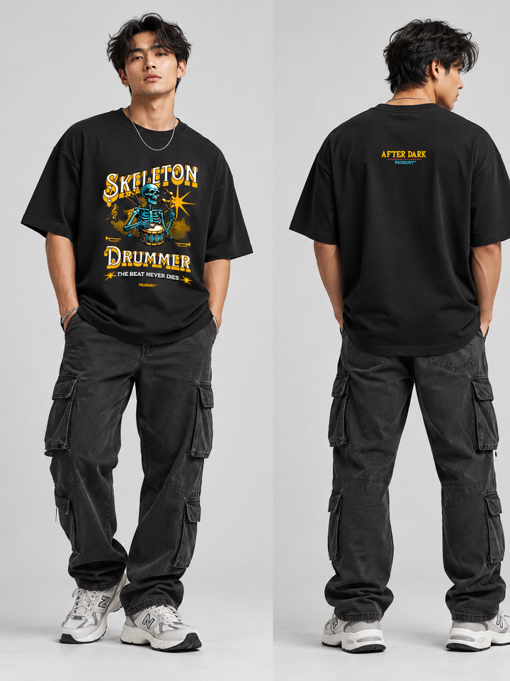 PAXBURY Skeleton Drummer black graphic T-shirt modeled by man, front and back views