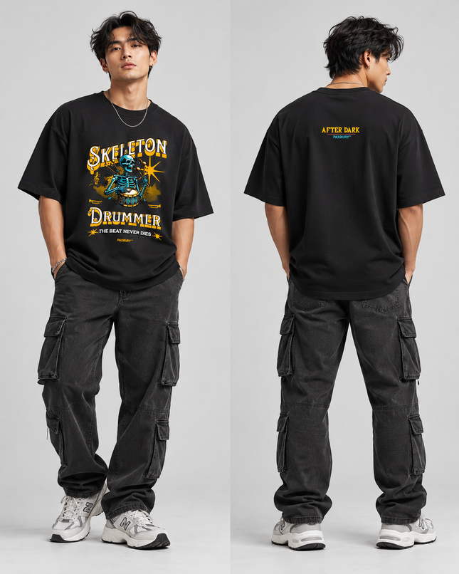 PAXBURY Skeleton Drummer black graphic T-shirt modeled by man, front and back views
