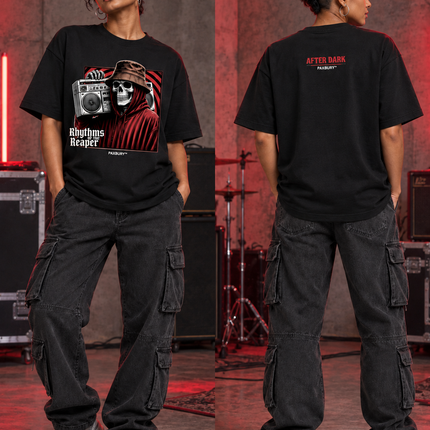 PAXBURY Rhythms of the Reaper oversized black graphic T-shirt on Indian female model, front and back
