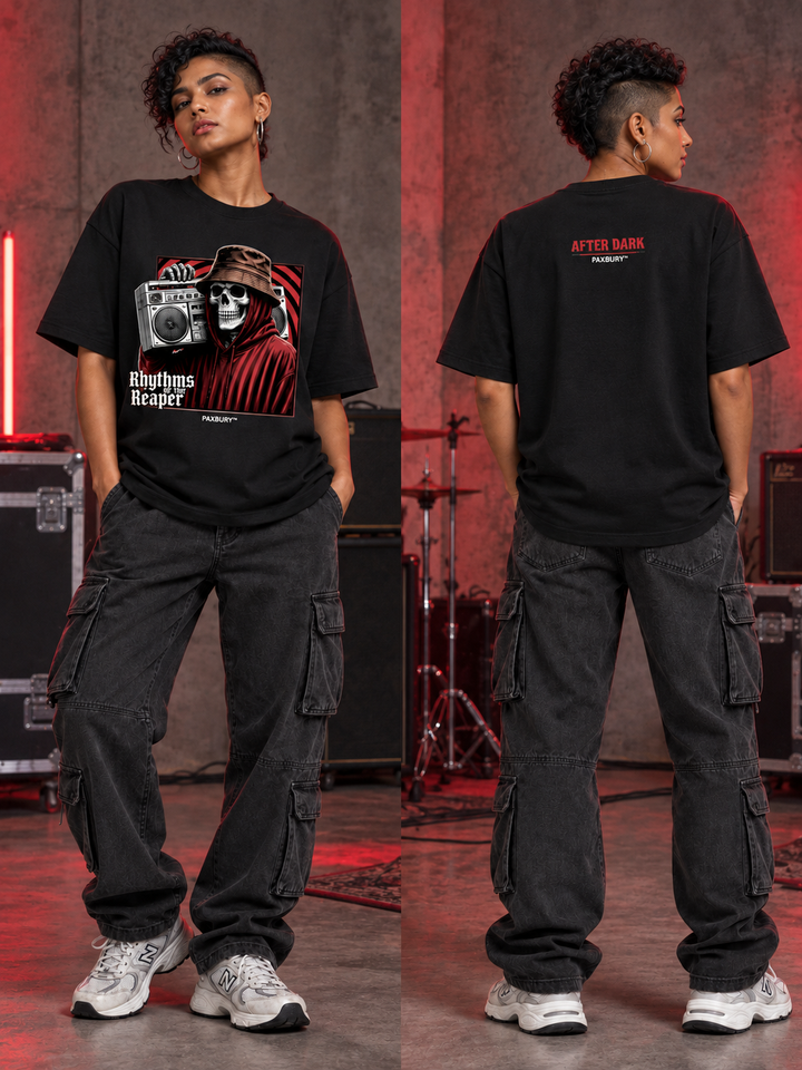 PAXBURY Rhythms of the Reaper oversized black graphic T-shirt on Indian female model, front and back