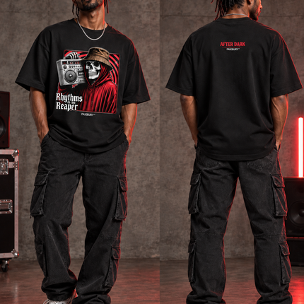 PAXBURY Rhythms of the Reaper oversized black graphic T-shirt on Indian male model, front and back