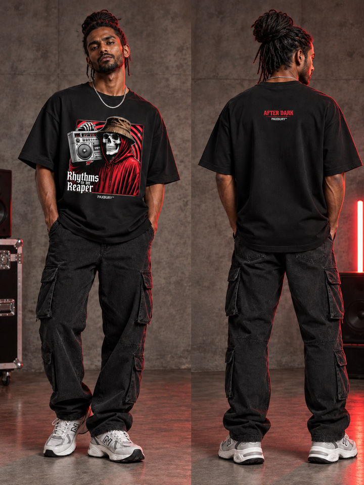 PAXBURY Rhythms of the Reaper oversized black graphic T-shirt on Indian male model, front and back
