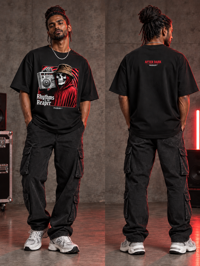 PAXBURY Rhythms of the Reaper oversized black graphic T-shirt on Indian male model, front and back