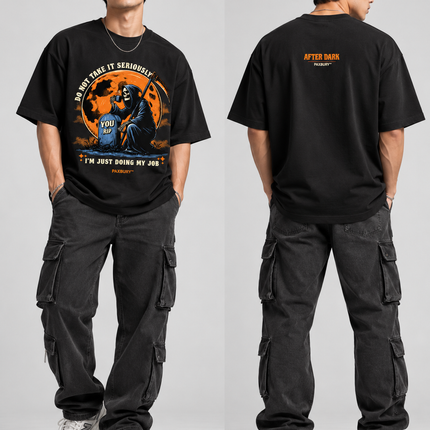 PAXBURY Just Doing My Job black graphic T-shirt on male model, front and back views