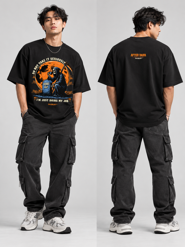 PAXBURY Just Doing My Job black graphic T-shirt on male model, front and back views