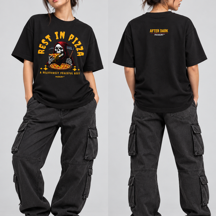 PAXBURY Rest in Pizza black graphic T-shirt on female model, front and back views