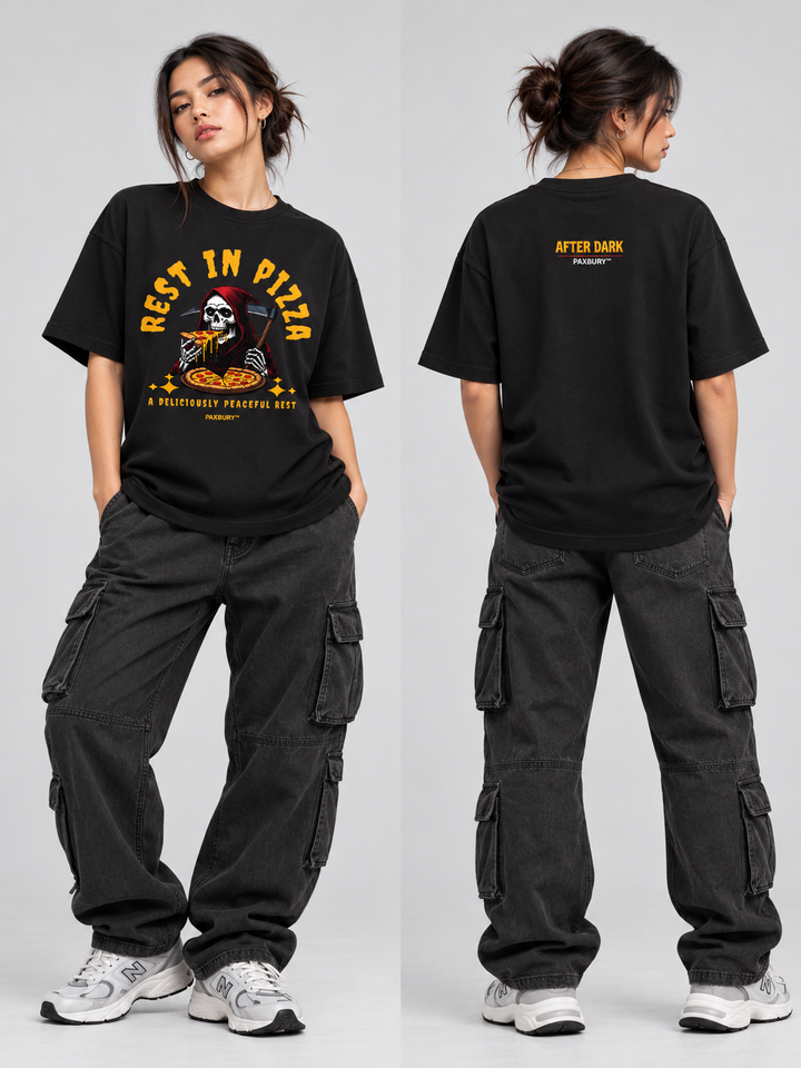 PAXBURY Rest in Pizza black graphic T-shirt on female model, front and back views