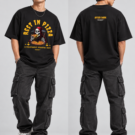 PAXBURY Rest in Pizza black graphic T-shirt on male model, front and back views