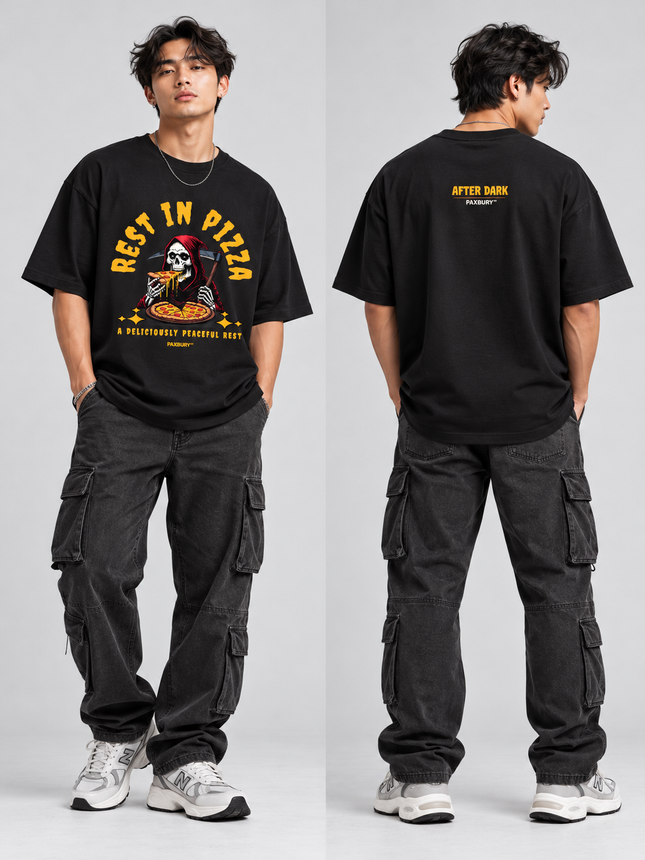 PAXBURY Rest in Pizza black graphic T-shirt on male model, front and back views
