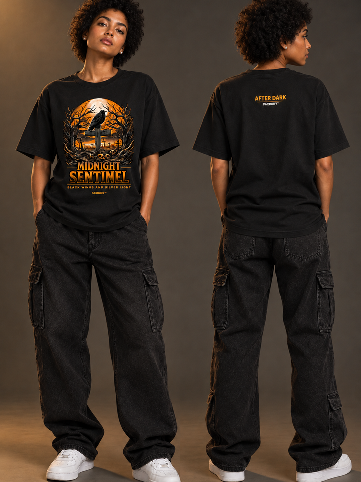 PAXBURY Midnight Sentinel oversized black graphic T-shirt on Indian female model, front and back