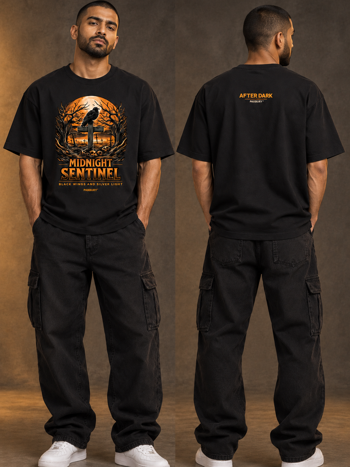 PAXBURY Midnight Sentinel oversized black graphic T-shirt on Indian male model, front and back