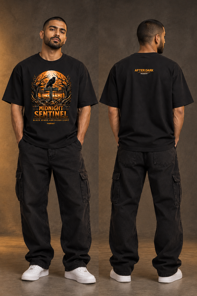PAXBURY Midnight Sentinel oversized black graphic T-shirt on Indian male model, front and back