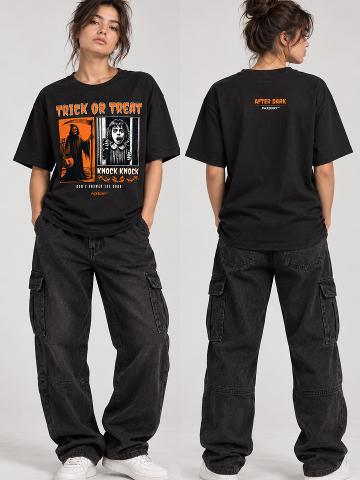 PAXBURY Trick or Treat black graphic T-shirt on female model, front and back views