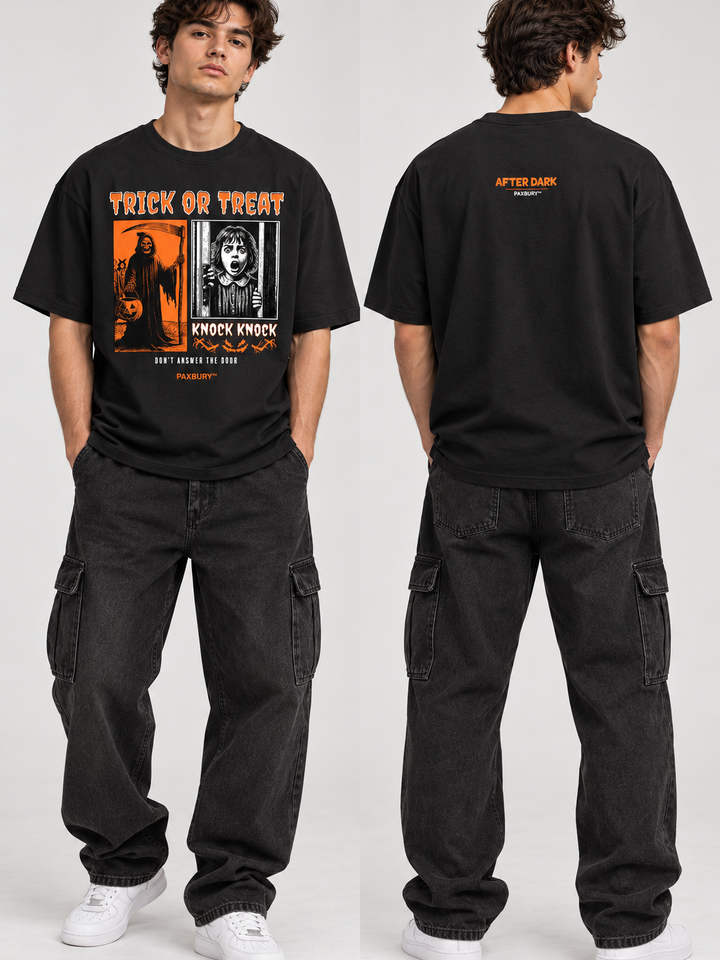 PAXBURY Trick or Treat black graphic T-shirt on male model, front and back views