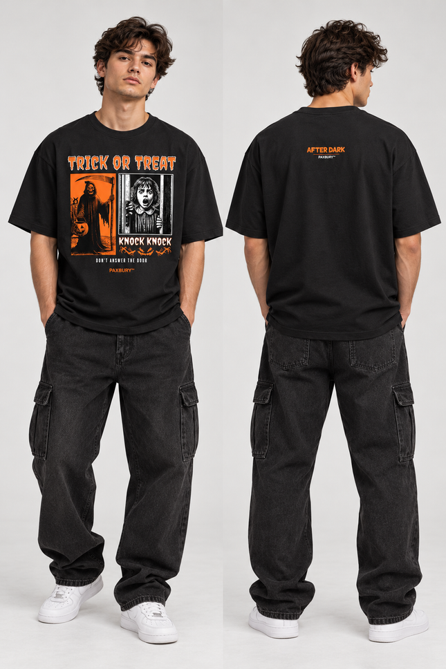 PAXBURY Trick or Treat black graphic T-shirt on male model, front and back views