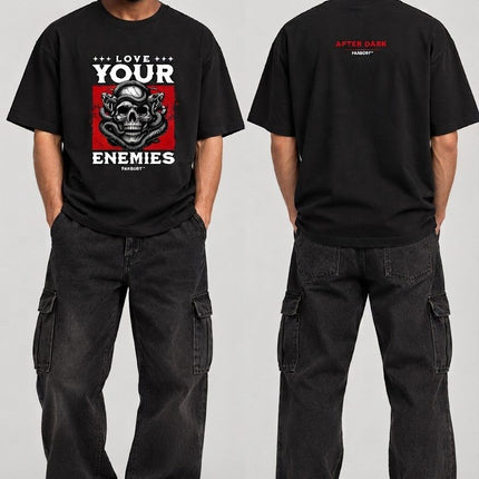 PAXBURY Love Your Enemies oversized black graphic T-shirt on Indian male model with shaved head and beard, front and back views