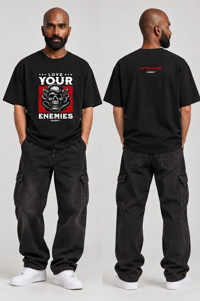 PAXBURY Love Your Enemies oversized black graphic T-shirt on Indian male model with shaved head and beard, front and back views