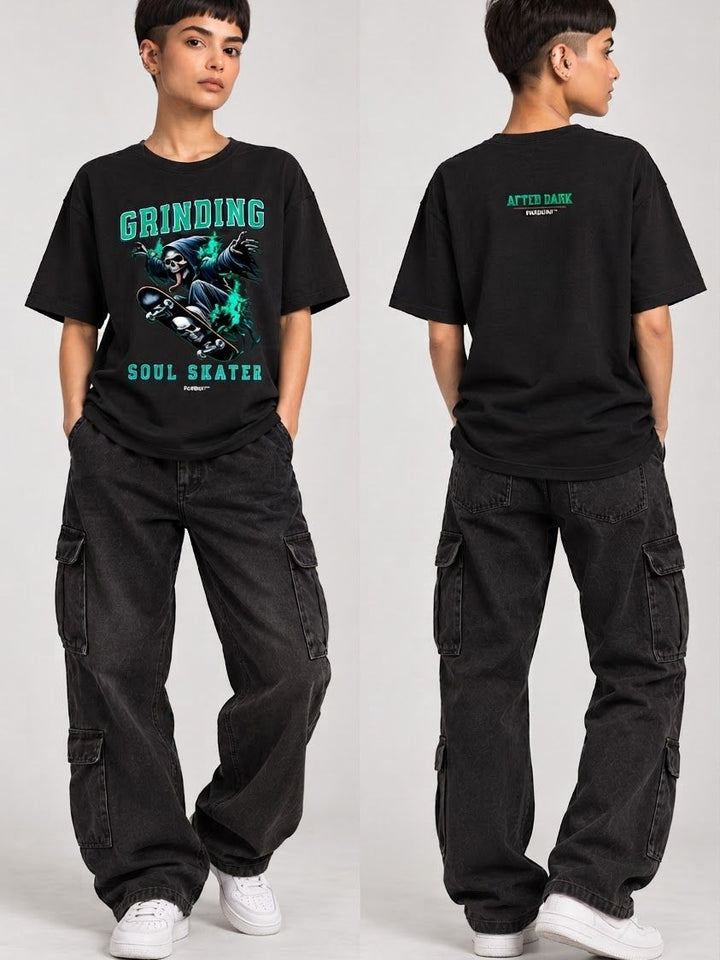 PAXBURY Soul Skater oversized black graphic T-shirt on Indian female skater model with short pixie cut, front and back views