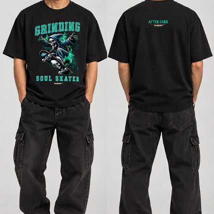 PAXBURY Soul Skater oversized black graphic T-shirt on Indian male skater model with close cropped haircut and moustache, front and back views