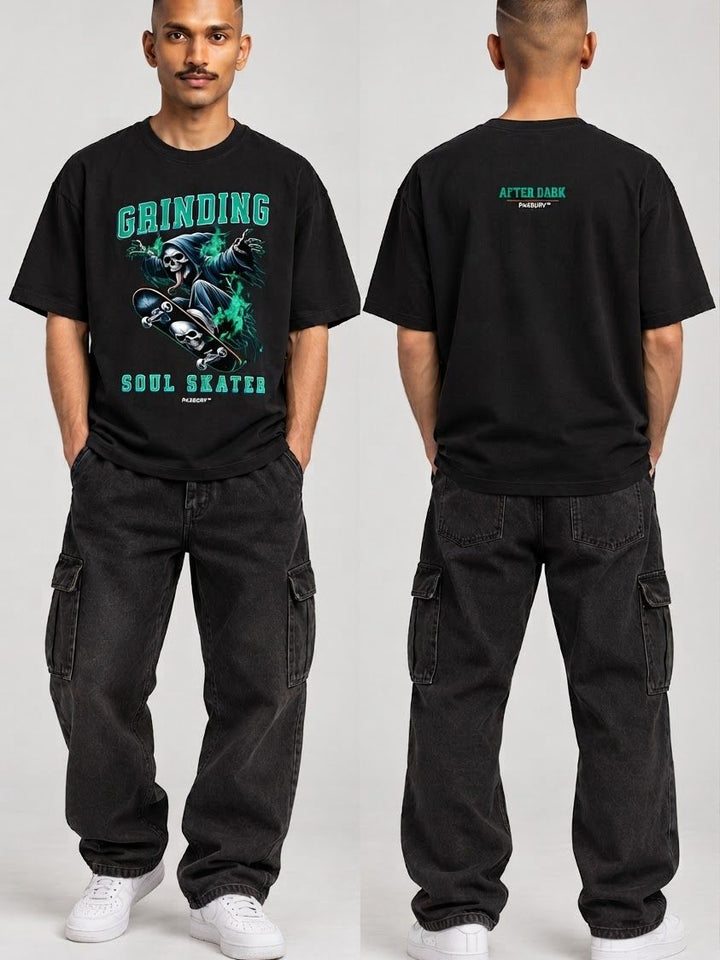 PAXBURY Soul Skater oversized black graphic T-shirt on Indian male skater model with close cropped haircut and moustache, front and back views