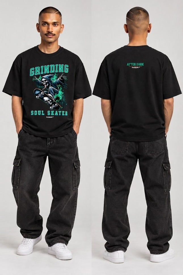 PAXBURY Soul Skater oversized black graphic T-shirt on Indian male skater model with close cropped haircut and moustache, front and back views