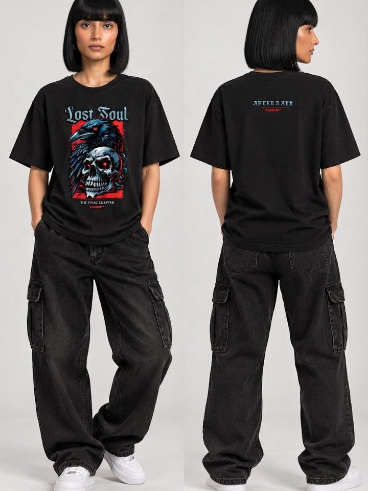 PAXBURY Lost Soul oversized black graphic T-shirt on Indian female model with sharp black bob and fringe, front and back views