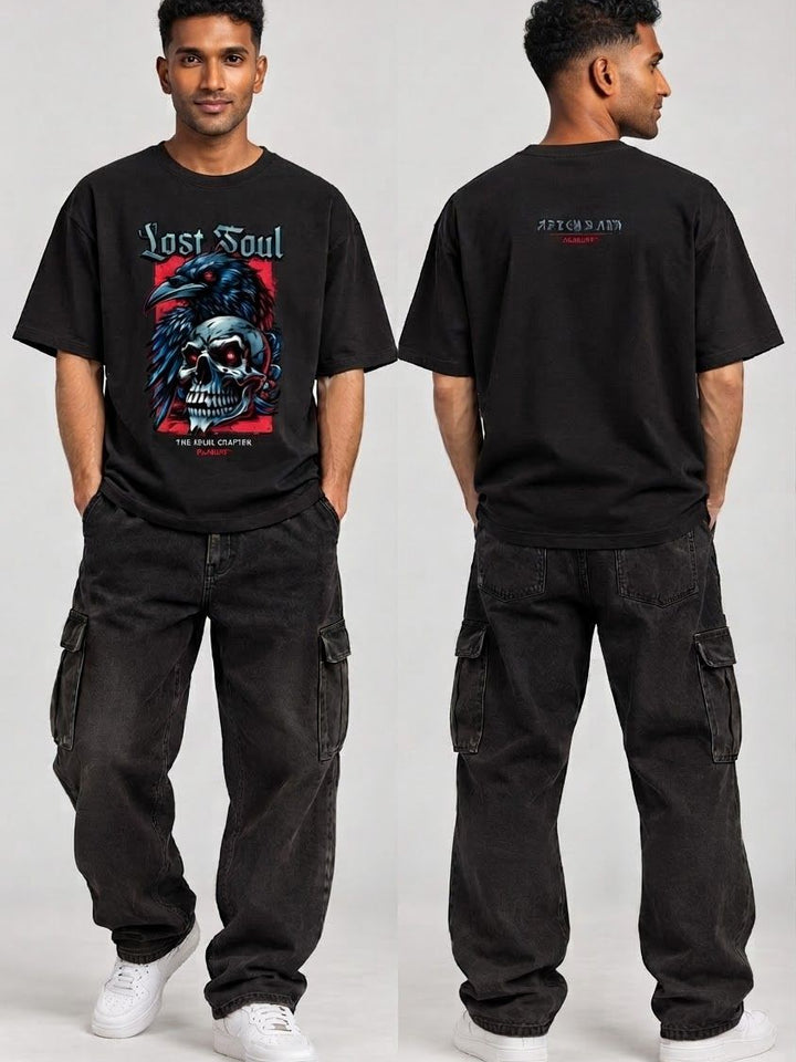 PAXBURY Lost Soul black oversized graphic T-shirt, Indian male model with short textured hair, front and back views