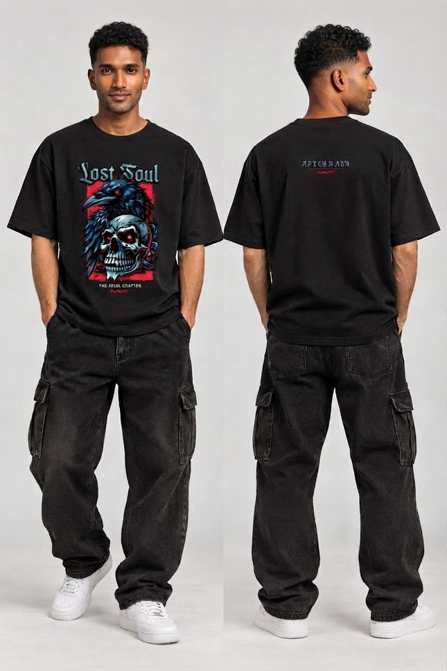 PAXBURY Lost Soul black oversized graphic T-shirt, Indian male model with short textured hair, front and back views