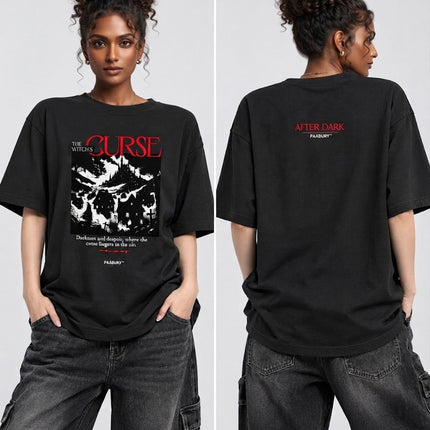 PAXBURY Witch's Curse oversized black graphic T-shirt on Indian female model with textured curly updo, front and back views
