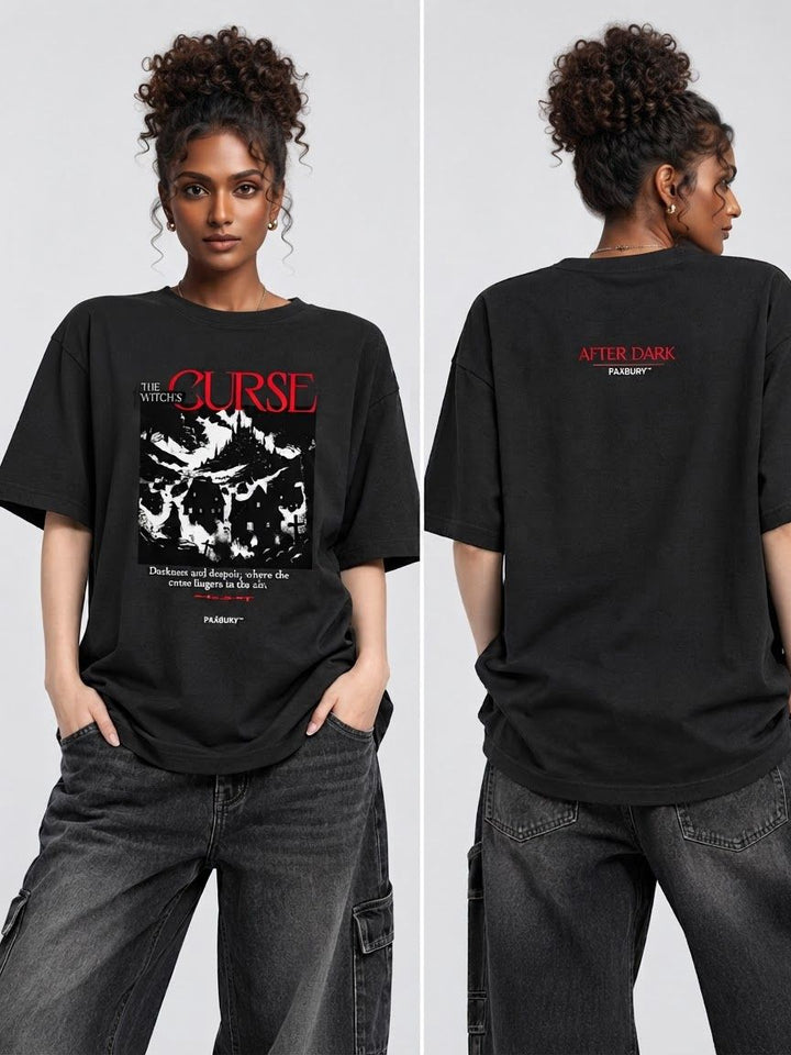 PAXBURY Witch's Curse oversized black graphic T-shirt on Indian female model with textured curly updo, front and back views