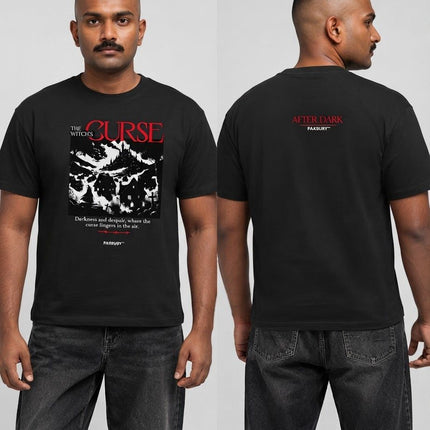 PAXBURY Witch's Curse oversized black graphic T-shirt on Indian male model with close cropped hair and moustache, front and back views