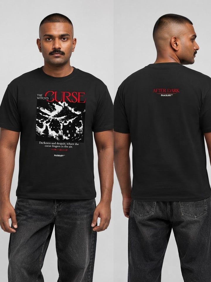 PAXBURY Witch's Curse oversized black graphic T-shirt on Indian male model with close cropped hair and moustache, front and back views