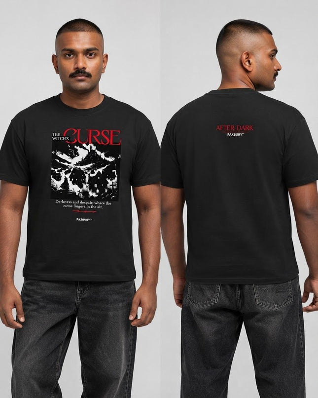 PAXBURY Witch's Curse oversized black graphic T-shirt on Indian male model with close cropped hair and moustache, front and back views